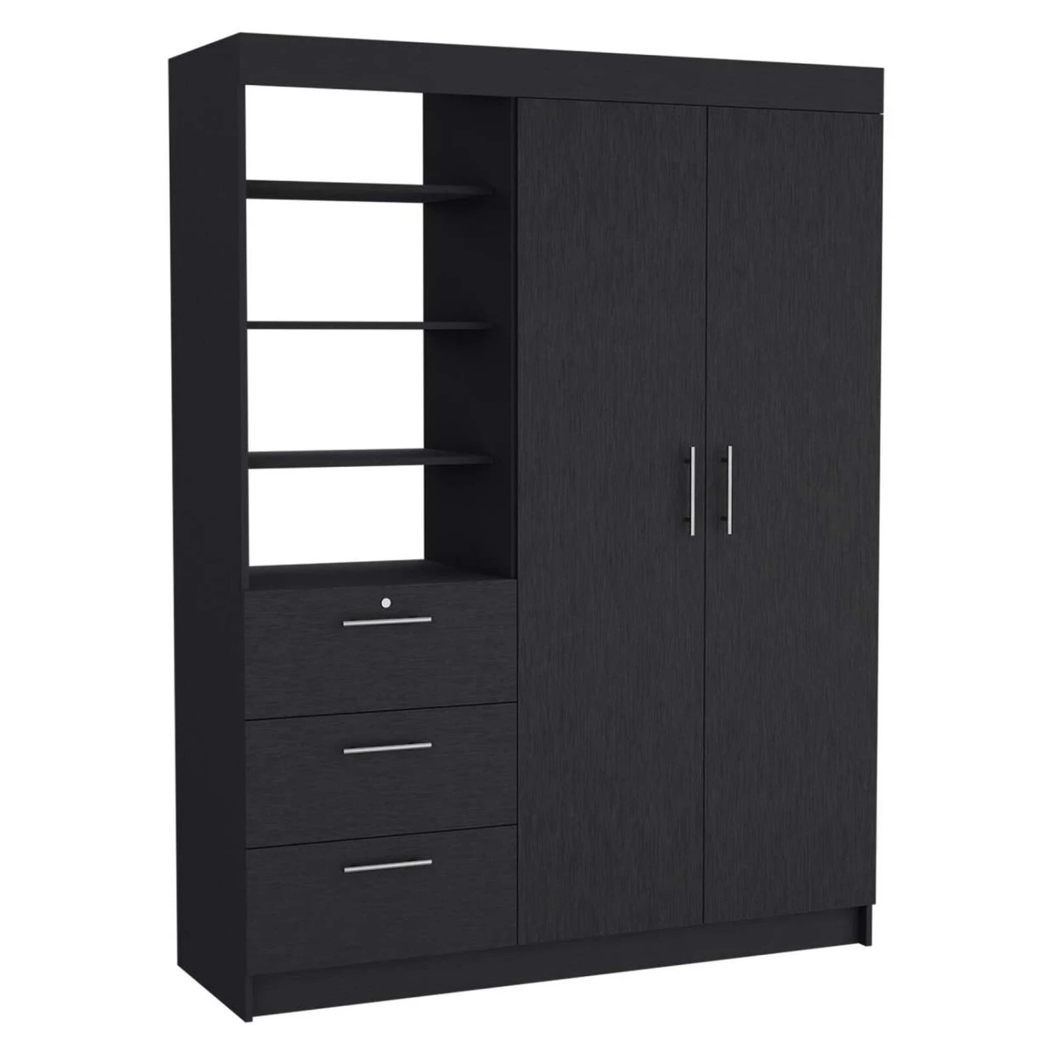 Kenya 3 Drawers Armoire, Double Door, 3-Tier Shelf -Black 3 Kenya 3 Drawers Armoire, Double Door, 3-Tier Shelf -Black