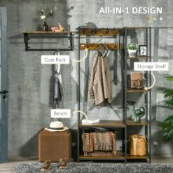 Industrial Hall Tree With Side Storage Shelves, Entryway Bench With Coat Rack, Freestanding Coat Tree With Shoe Storage And Hooks, Rustic Brown -Home Furniture Shop c7f80a0fdee447519db484c7a1b2166f