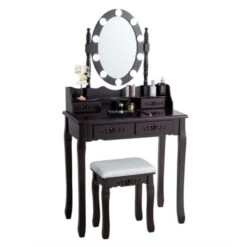 Makeup Dressing Table With Touch Switch Lighted Mirror And Cushioned Stool