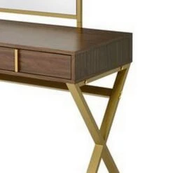 50 Inch Classic Arched Mirror Vanity Desk, Wood, X Metal Frame, Brown, Gold-Benzara -Home Furniture Shop caac82f9376b47109708e9b468408b7e