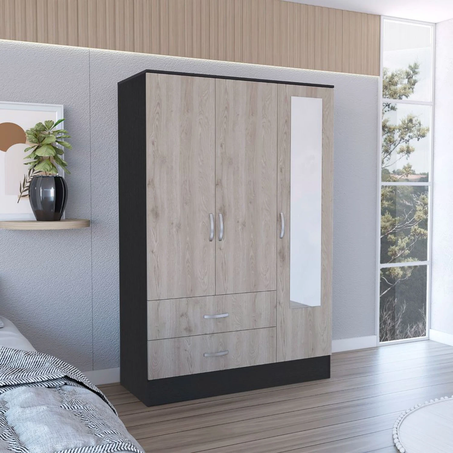 DEPOT E-SHOP Gangi 120 Mirrored Armoire, Double Door Cabinet, Two Drawers, Metal Hardware, Rods, Four Shelves, Black / Light Gray 4 DEPOT E-SHOP Gangi 120 Mirrored Armoire, Double Door Cabinet, Two Drawers, Metal Hardware, Rods, Four Shelves, Black / Light Gray - Image 2