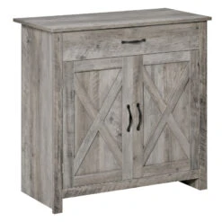32" Farmhouse Barn Door Style Sideboard, Buffet Cabinet, Coffee Bar For Kitchen, Living Room Or Entryway, Grey Wash