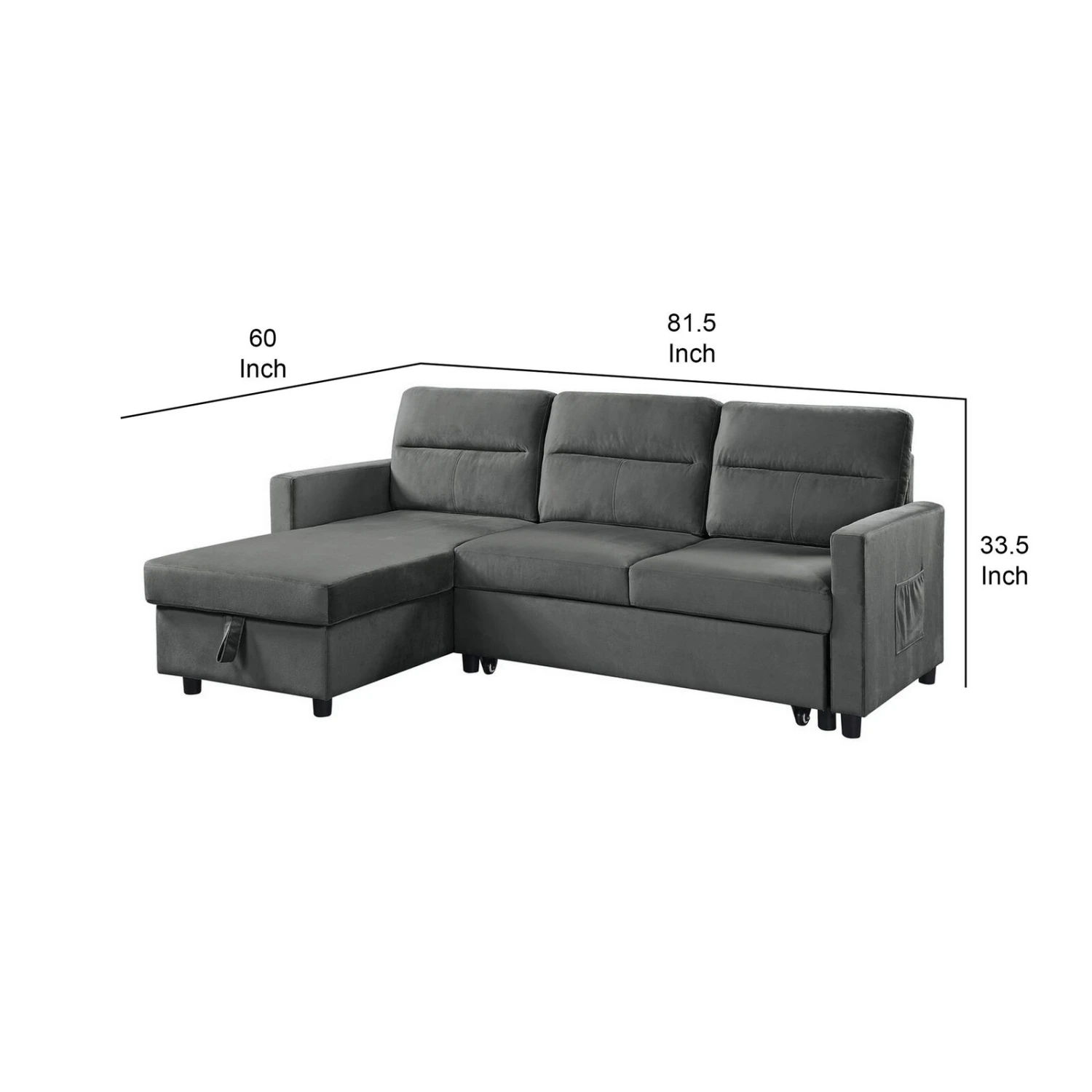 Ami 82 Inch Reversible Sleeper Sectional Sofa, Side Pocket, Gray Velvet-Benzara 7 Ami 82 Inch Reversible Sleeper Sectional Sofa, Side Pocket, Gray Velvet-Benzara - Image 5