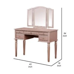 Vanity Set With Turned Tapered Legs And Three Piece Mirror, Rose Gold-Benzara 11 Vanity Set With Turned Tapered Legs And Three Piece Mirror, Rose Gold-Benzara -Home Furniture Shop ccdbbafaff764e88b8c556c4259e4597