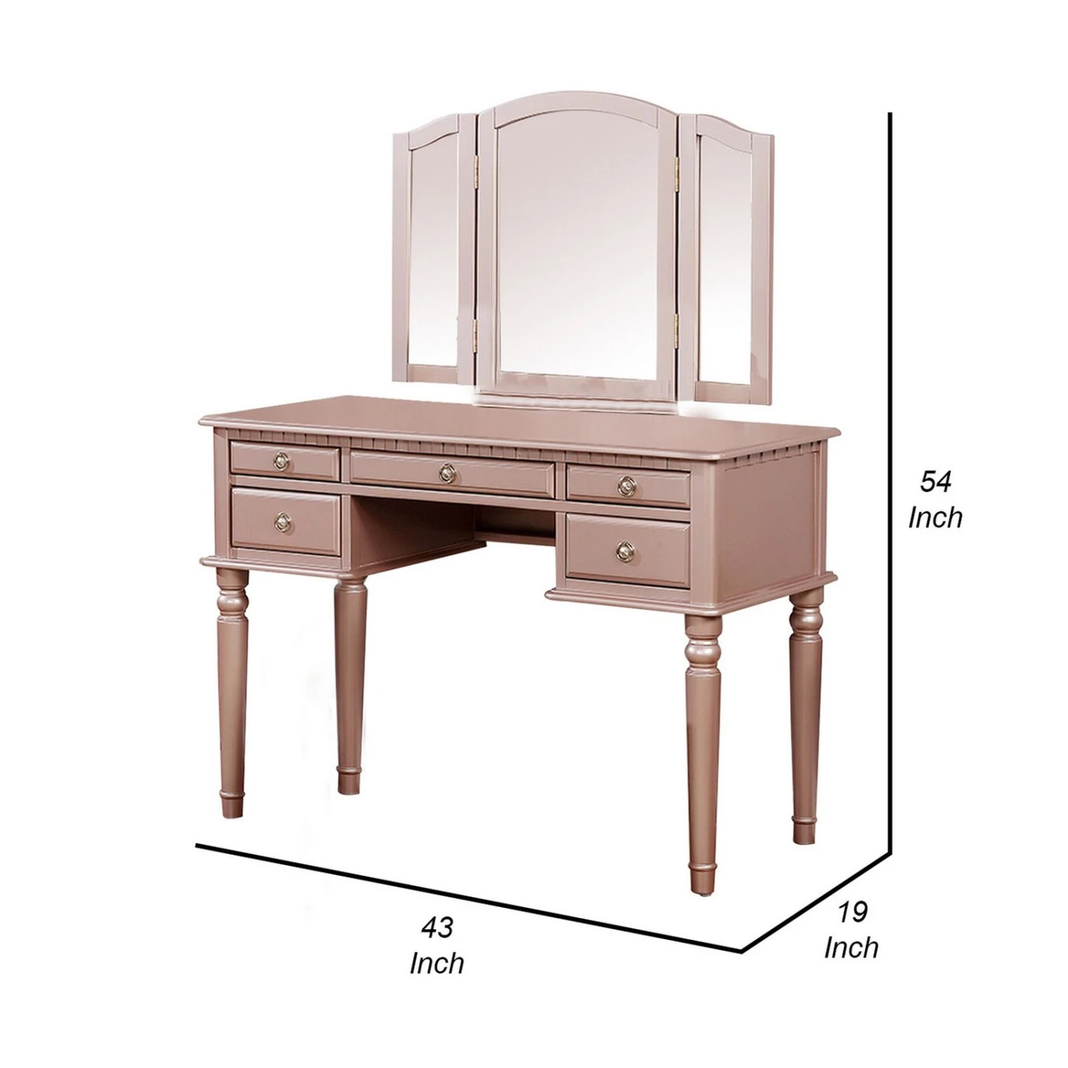 Vanity Set With Turned Tapered Legs And Three Piece Mirror, Rose Gold-Benzara 7 Vanity Set With Turned Tapered Legs And Three Piece Mirror, Rose Gold-Benzara - Image 5