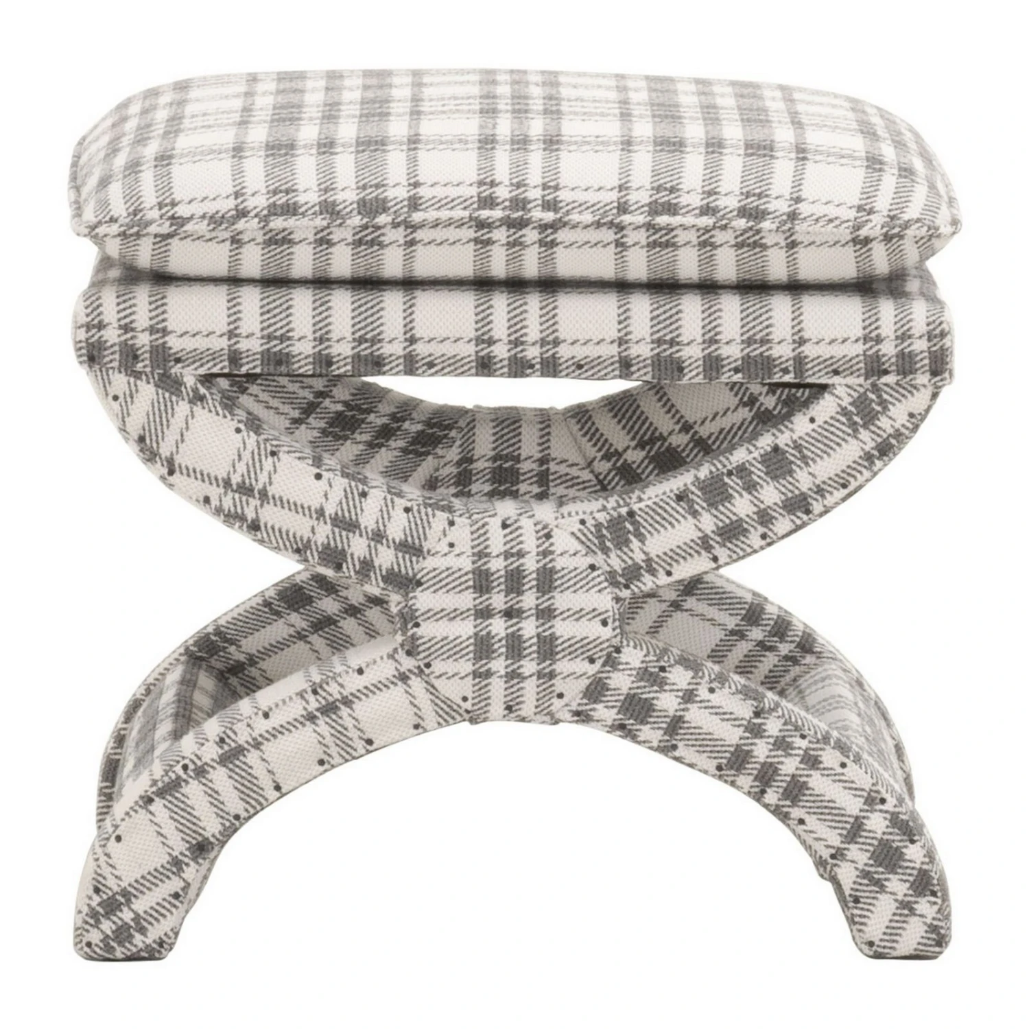 Elly 23 Inch Plaid Plush Fabric Ottoman, Curved X Frame, Gray, White-Benzara 4 Elly 23 Inch Plaid Plush Fabric Ottoman, Curved X Frame, Gray, White-Benzara - Image 2