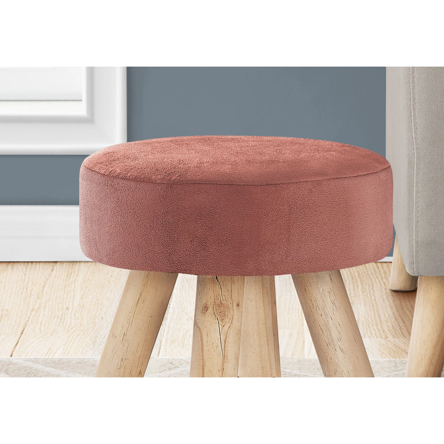 Monarch Specialties I 9007 Ottoman, Pouf, Footrest, Foot Stool, 12" Round, Velvet, Wood Legs, Contemporary, Modern 6 Monarch Specialties I 9007 Ottoman, Pouf, Footrest, Foot Stool, 12" Round, Velvet, Wood Legs, Contemporary, Modern - Image 4