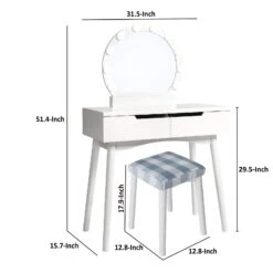 32 Inch 2 Piece Vanity Dressing Table Set With LED Mirror, 2 Drawers, And A Cushioned Stool, White Solid Wood-Benzara -Home Furniture Shop cff14da4f3d345fc9bf28d2696c0d8c6