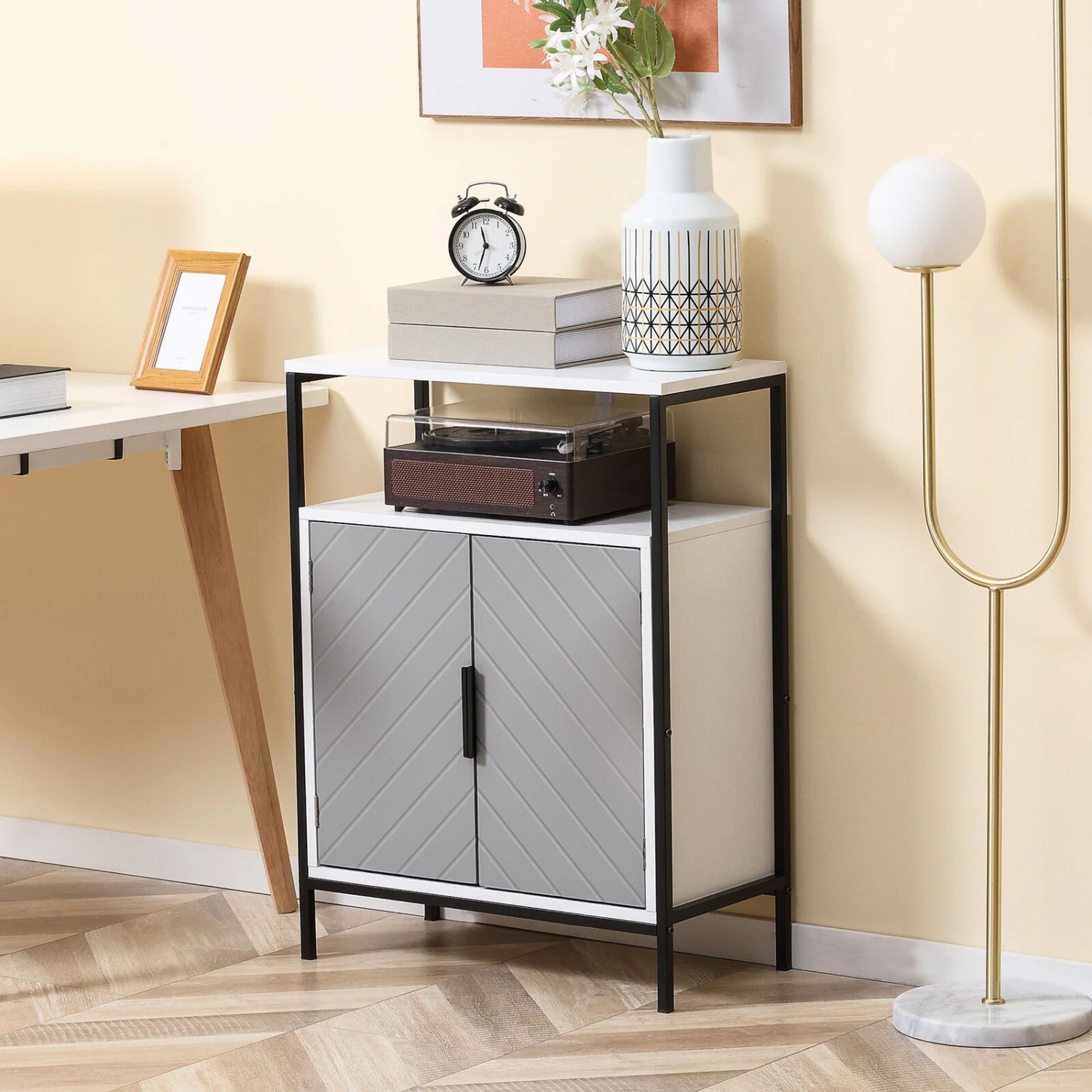 Kitchen Storage Cabinet With Door Cabinet And Open Compartment, Bathroom Cabinet Sideboard With Shelf For Living Dining Room, Grey 4 Kitchen Storage Cabinet With Door Cabinet And Open Compartment, Bathroom Cabinet Sideboard With Shelf For Living Dining Room, Grey - Image 2