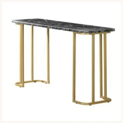 Hume 47 Inch Sofa Console Table, Black Faux Marble, Geometric Gold Steel-Benzara