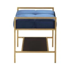 Metal Bench With Fabric Upholstered Plump Seats, Gold And Blue- Benzara 9 Metal Bench With Fabric Upholstered Plump Seats, Gold And Blue- Benzara -Home Furniture Shop d3630bd06ca54203a1a35057fd92ca8a