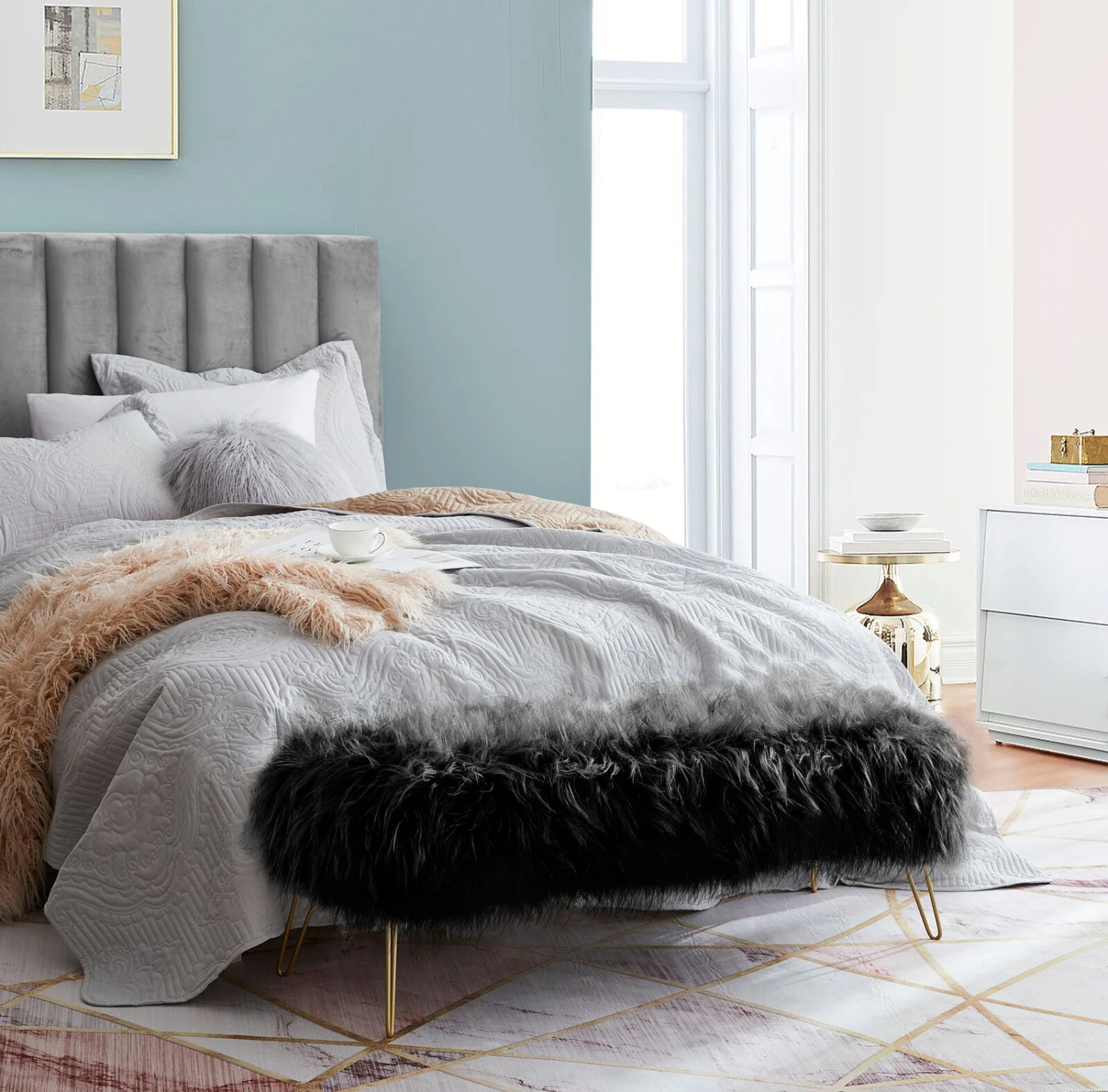 Faux Fur Bench Ottoman - Black 4 Faux Fur Bench Ottoman - Black - Image 2