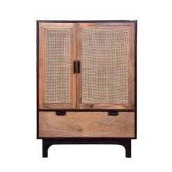 42 Inch Mango Wood Armoire Storage Cabinet, 2 Cane Rattan Woven Doors, 1 Drawer, Brown, Black-Benzara