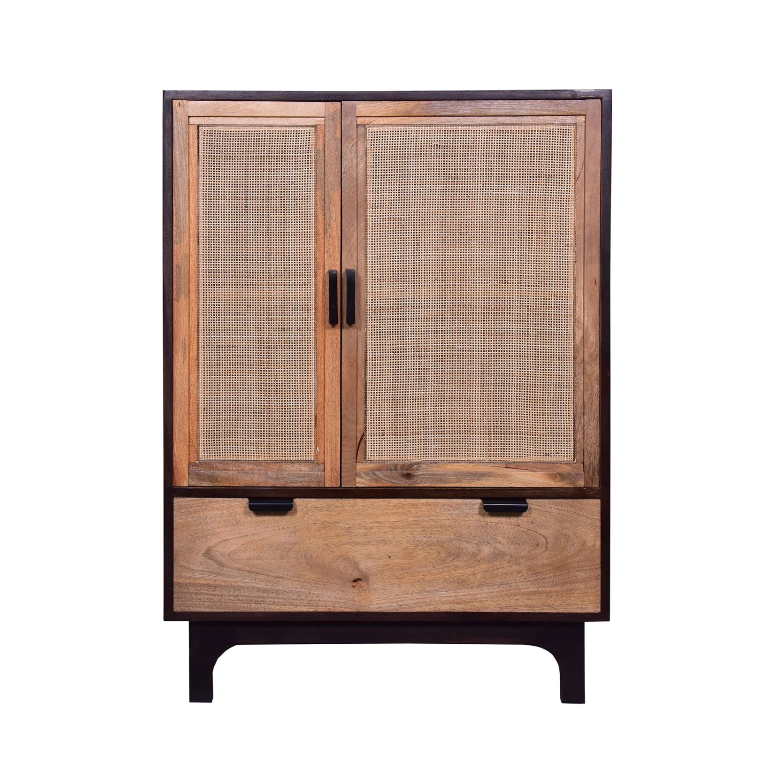 42 Inch Mango Wood Armoire Storage Cabinet, 2 Cane Rattan Woven Doors, 1 Drawer, Brown, Black-Benzara 3 42 Inch Mango Wood Armoire Storage Cabinet, 2 Cane Rattan Woven Doors, 1 Drawer, Brown, Black-Benzara