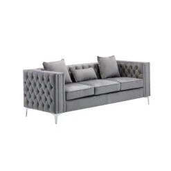 Joni 86 Inch Sofa, Chesterfield Design, Deep Button Tufting, Gray Velvet-Benzara