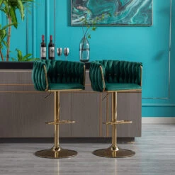 Set Of 2 Bar Stools, With Chrome Footrest And Base Swivel Height Adjustable Mechanical Lifting Velvet + Golden Leg Simple Bar Stool-Green -Home Furniture Shop d5e133ce33df485f89f044e2211606e7