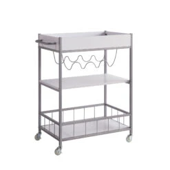 White & Silver Metal Bottle Rack Kitchen Cart With 3 Shelves And Locking Sturdy Rubber Wheels