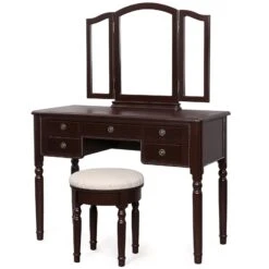 43 Inch 3 Piece Vanity Desk Set With Elegant Trifold Mirror And A Cushioned Stool, Espresso Brown Solid Wood-Benzara -Home Furniture Shop d72c3b3023de401bb88d2e36a9718008