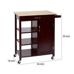 35 Inch Handcrafted Rubberwood Kitchen Island Bar Cart, 3 Shelves, 1 Cabinet, Caster Wheels, Espresso Brown