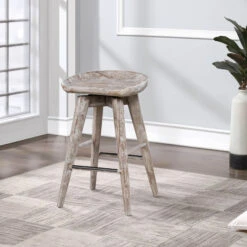 Esme 24 Inch Swivel Counter Stool, Contour Seat, Wood, Wire Brushed White-Benzara -Home Furniture Shop d8a53634097d48988c76e10a872274da