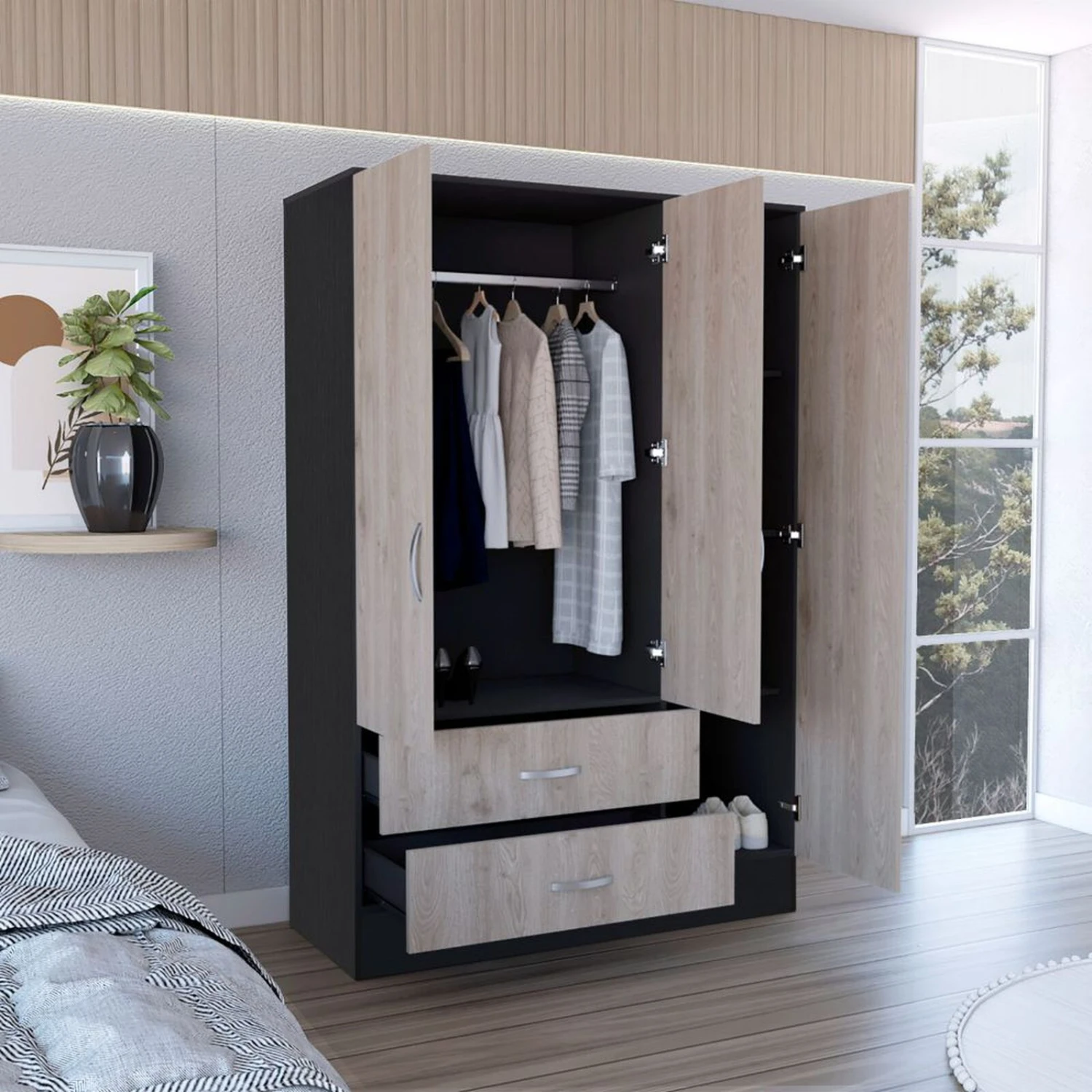 DEPOT E-SHOP Gangi 120 Mirrored Armoire, Double Door Cabinet, Two Drawers, Metal Hardware, Rods, Four Shelves, Black / Light Gray 6 DEPOT E-SHOP Gangi 120 Mirrored Armoire, Double Door Cabinet, Two Drawers, Metal Hardware, Rods, Four Shelves, Black / Light Gray - Image 4