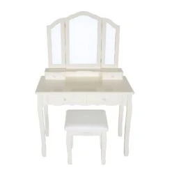 35 Inch 3 Piece Vanity Desk Set With Cushioned Stool And Elegant Trifold Mirror, 4 Drawers, Off White Solid Wood-Benzara 15 35 Inch 3 Piece Vanity Desk Set With Cushioned Stool And Elegant Trifold Mirror, 4 Drawers, Off White Solid Wood-Benzara -Home Furniture Shop d99a0ac5faf84740a8abbe715b82b100