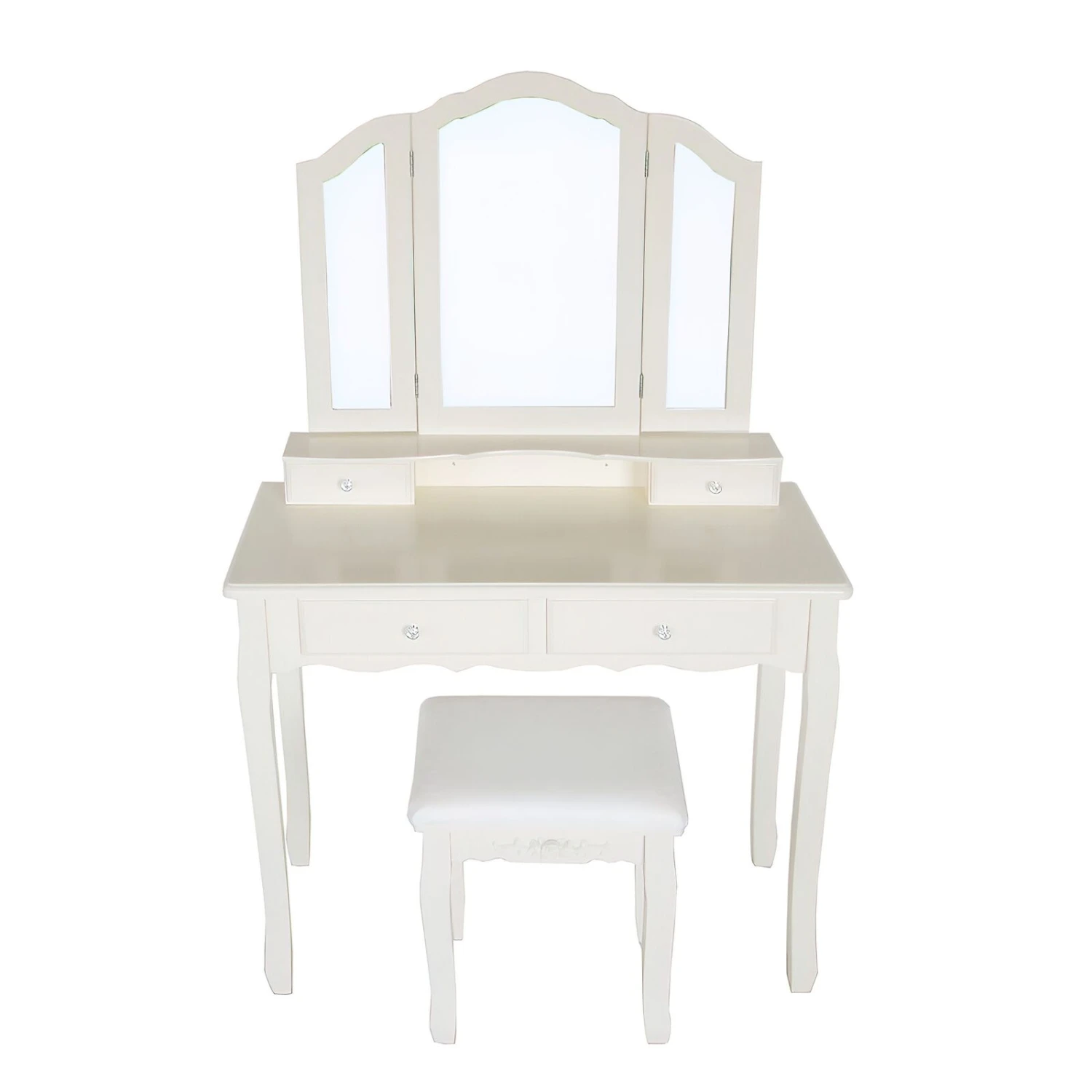 35 Inch 3 Piece Vanity Desk Set With Cushioned Stool And Elegant Trifold Mirror, 4 Drawers, Off White Solid Wood-Benzara 6 35 Inch 3 Piece Vanity Desk Set With Cushioned Stool And Elegant Trifold Mirror, 4 Drawers, Off White Solid Wood-Benzara - Image 4