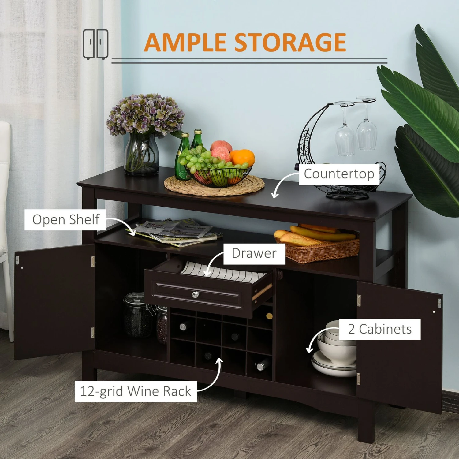 Modern Sideboard Cabinet, Wooden Buffet Cabinet With 5 Legs And 12-Grid Wine Rack For Living Room, Kitchen, Sideboard Buffet, Espresso 6 Modern Sideboard Cabinet, Wooden Buffet Cabinet With 5 Legs And 12-Grid Wine Rack For Living Room, Kitchen, Sideboard Buffet, Espresso - Image 4