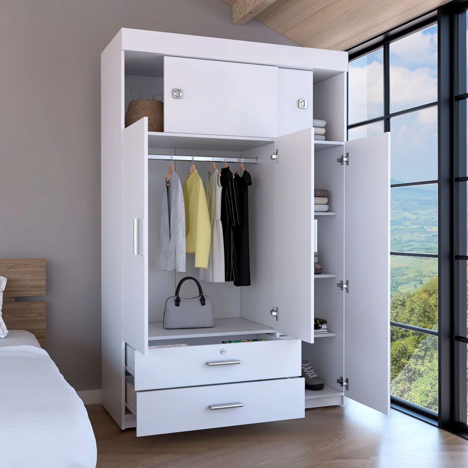 DEPOT E-SHOP Indiana Armoire, Three Door Cabinet, Two Drawers, Metal Hardware, Rod, White 6 DEPOT E-SHOP Indiana Armoire, Three Door Cabinet, Two Drawers, Metal Hardware, Rod, White - Image 4