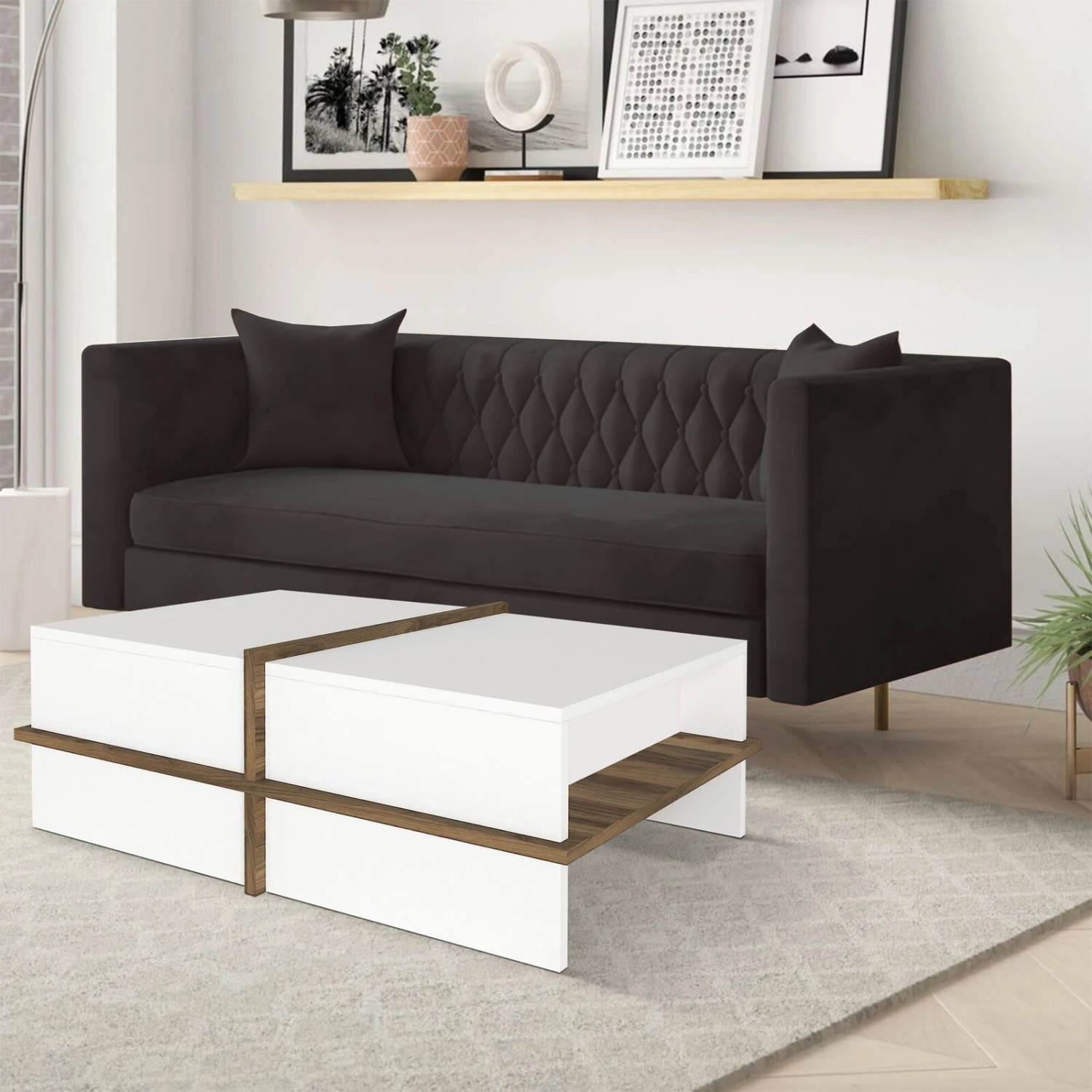 Belle 35 Inch Modern Wood Rectangular Coffee Table With Side Shelf, White And Brown-Benzara 11 Belle 35 Inch Modern Wood Rectangular Coffee Table With Side Shelf, White And Brown-Benzara - Image 9