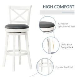 Traditional Bar Stool, 31 Inch Seat Height Barstool, Swivel PU Leather Upholstered Chair, With Cross Back And Rubberwood Frame, Set Of 3, Cream White -Home Furniture Shop dc1dcc4eef4c4f70ae3d0f7f1975781b
