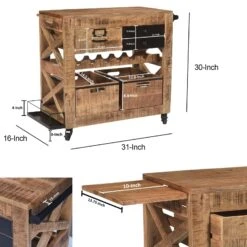 31 Inch Handcrafted Rustic Mango Wood Bar Cart Trolly With 3 Drawers And 6 Wine Bottle Holders-Benzara 19 31 Inch Handcrafted Rustic Mango Wood Bar Cart Trolly With 3 Drawers And 6 Wine Bottle Holders-Benzara -Home Furniture Shop dc366f8a66714b58ad482575fbce1b2f