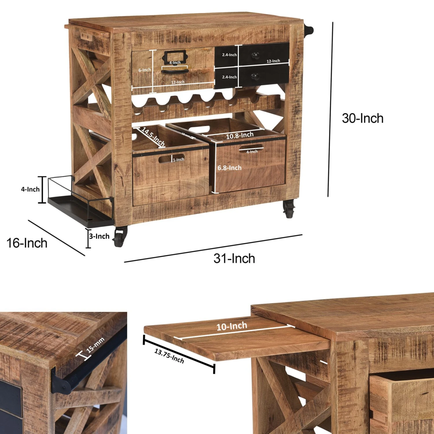 31 Inch Handcrafted Rustic Mango Wood Bar Cart Trolly With 3 Drawers And 6 Wine Bottle Holders-Benzara 10 31 Inch Handcrafted Rustic Mango Wood Bar Cart Trolly With 3 Drawers And 6 Wine Bottle Holders-Benzara - Image 8