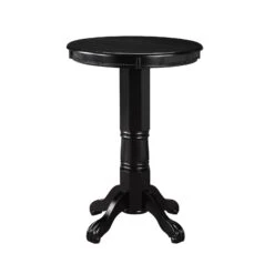 Ava 42 Inch Wood Pub Bar Table, Molded Trim, Carved Pedestal, Black- Benzara