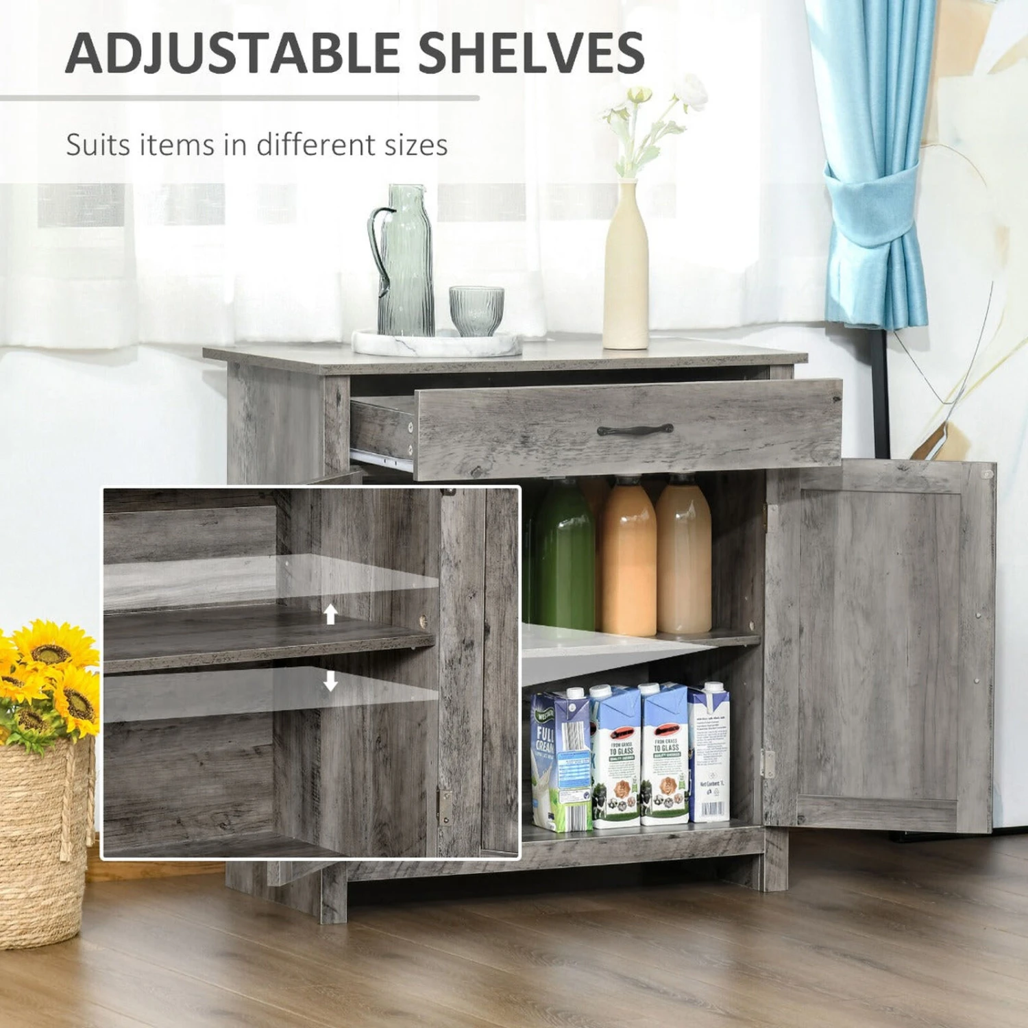 32" Farmhouse Barn Door Style Sideboard, Buffet Cabinet, Coffee Bar For Kitchen, Living Room Or Entryway, Grey Wash 7 32" Farmhouse Barn Door Style Sideboard, Buffet Cabinet, Coffee Bar For Kitchen, Living Room Or Entryway, Grey Wash - Image 5