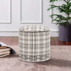 Elly 20 Inch Plaid Fabric Ottoman, Round, Nailhead Accents, Gray, White-Benzara -Home Furniture Shop df1d3a5679bc4771938bb11e2e372b84