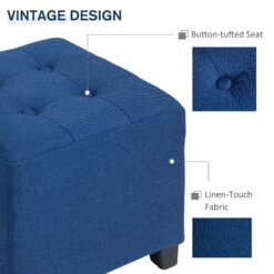 Tufted Ottoman Linen-Touch Fabric Upholstered Footrest Stool With Anti-Slip Pads, Blue -Home Furniture Shop df5e48479cca445795ebbd12849c75df