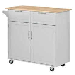 Rolling Kitchen Island Cart On Wheels, Portable Kitchen Island Cart With Metal Handle, With Towel Rack And Rubber Wood Top