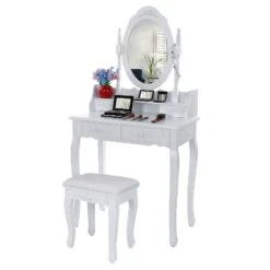 Ren 30 Inch 3 Piece Vanity Desk Set With Rotating Mirror And Matching Stool, 4 Drawers, Pure White Solid Wood-Benzara 17 Ren 30 Inch 3 Piece Vanity Desk Set With Rotating Mirror And Matching Stool, 4 Drawers, Pure White Solid Wood-Benzara -Home Furniture Shop e1bb99d8d77346f48ea8835b8ecf9acc
