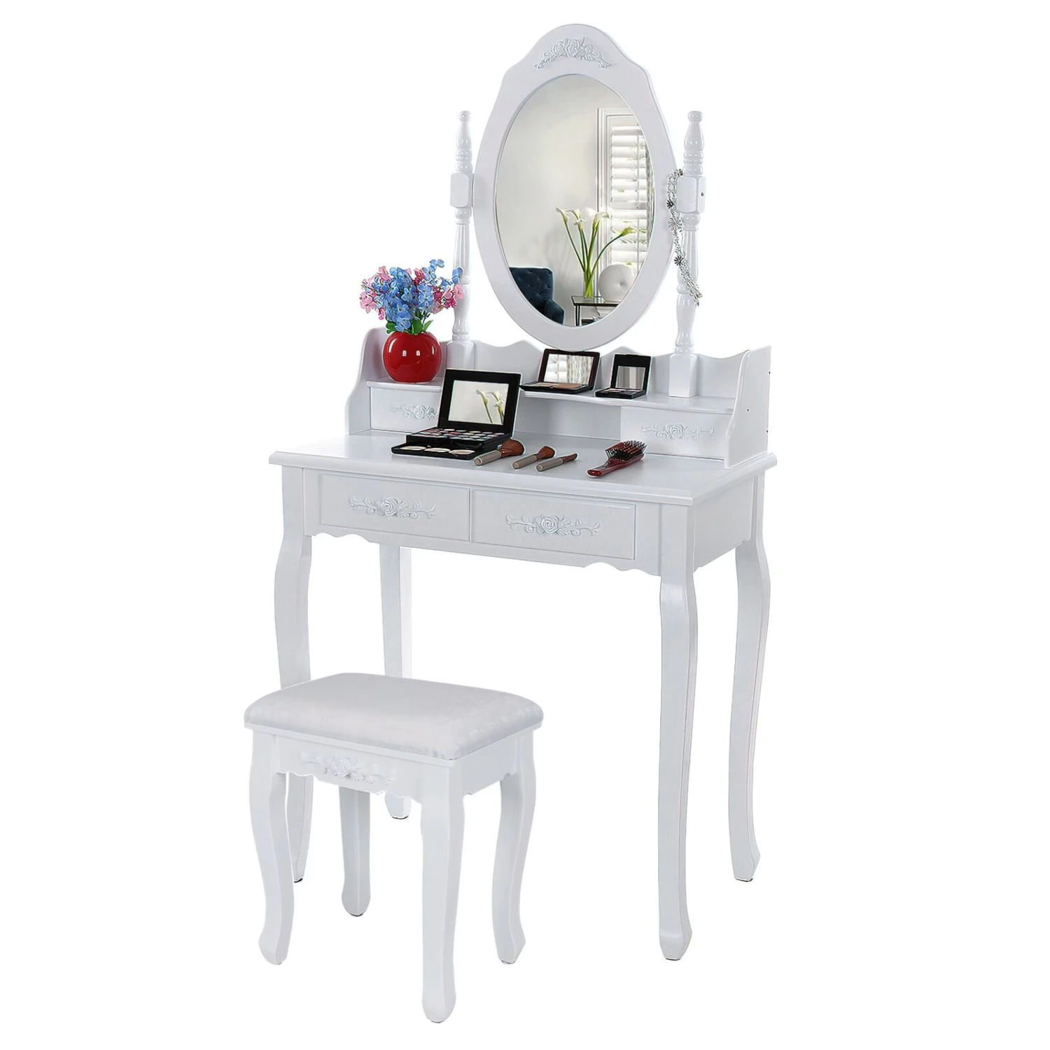 Ren 30 Inch 3 Piece Vanity Desk Set With Rotating Mirror And Matching Stool, 4 Drawers, Pure White Solid Wood-Benzara 8 Ren 30 Inch 3 Piece Vanity Desk Set With Rotating Mirror And Matching Stool, 4 Drawers, Pure White Solid Wood-Benzara - Image 6