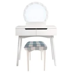 32 Inch 2 Piece Vanity Dressing Table Set With LED Mirror, 2 Drawers, And A Cushioned Stool, White Solid Wood-Benzara