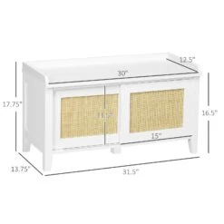 Entry Way Bench Shoe Storage Bench With Shoe Cabinets 2 Rattan Sliding Doors And Pine Wood Legs For Hallway White -Home Furniture Shop e218cfa95ec54be3a10a93eeaeff74ed