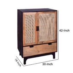42 Inch Mango Wood Armoire Storage Cabinet, 2 Cane Rattan Woven Doors, 1 Drawer, Brown, Black-Benzara 20 42 Inch Mango Wood Armoire Storage Cabinet, 2 Cane Rattan Woven Doors, 1 Drawer, Brown, Black-Benzara -Home Furniture Shop e21e4ee752654c2b834c23d4dcf7df16