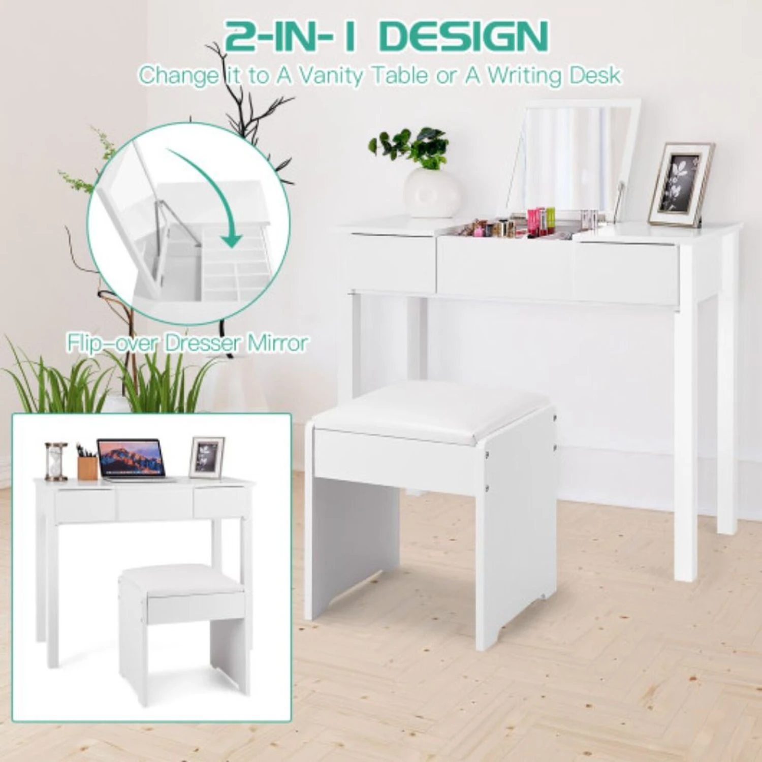 Vanity Makeup Dressing Table Set With Flip Top Mirror And Cushioned Stool 5 Vanity Makeup Dressing Table Set With Flip Top Mirror And Cushioned Stool - Image 3