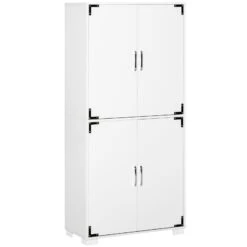 Industrial Style 4-Door Cabinet Pantry Cupboard With Storage Shelves For Bedroom And Living Room, White