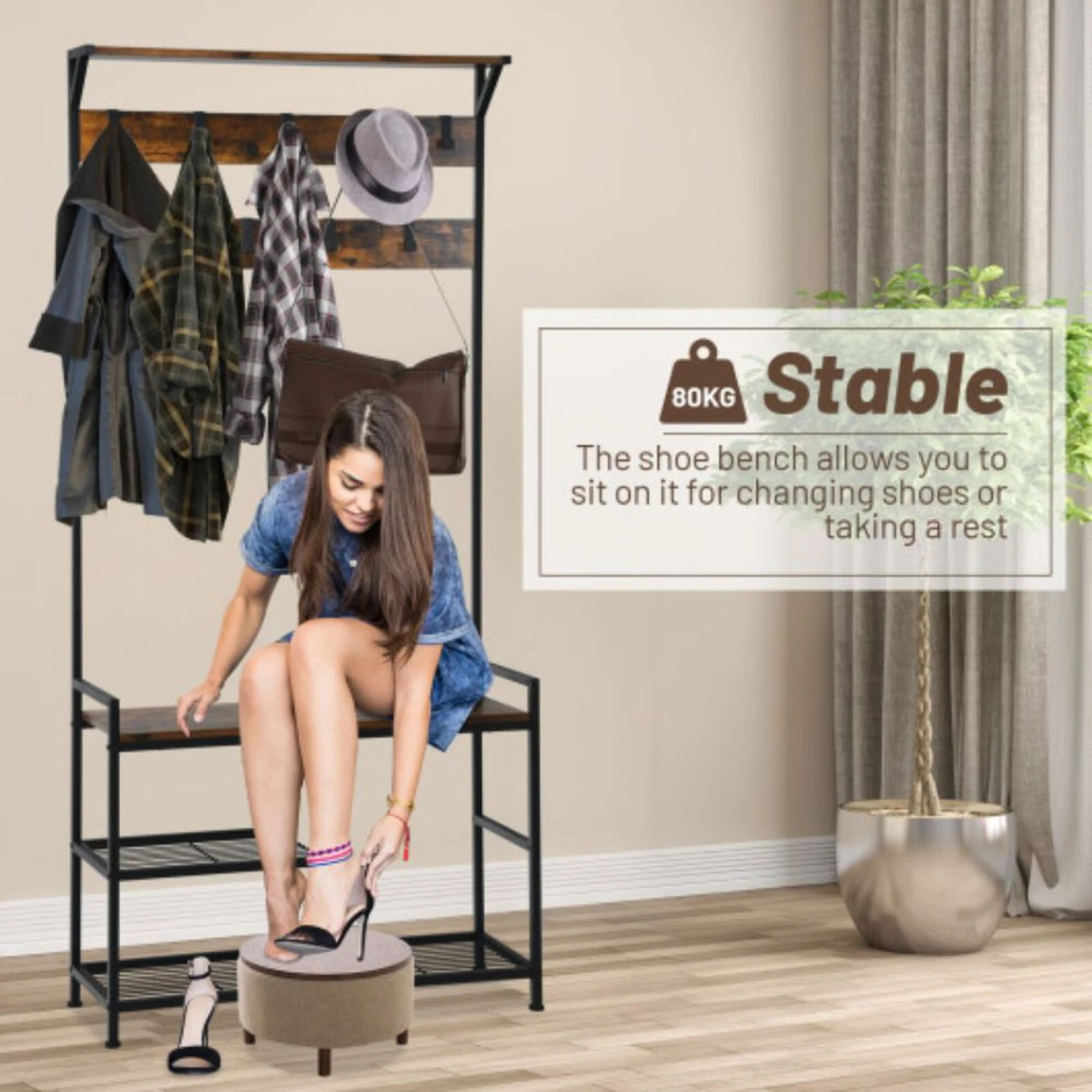 3-In-1 Coat Rack Stand With 9 Hooks Shoe Bench 6 3-In-1 Coat Rack Stand With 9 Hooks Shoe Bench - Image 4