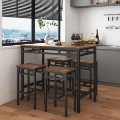 Bar Table Set 5PC Dinging Table Set With High Stools, Structural Strengthening, Industrial Style (Rustic Brown，43.31"w X 23.62"d X 35.43"h) -Home Furniture Shop e34becf2cd624a6e86a1ddc95ed4eb02