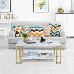 2-Tier Rectangular Modern Coffee Table With Gold Print Metal Frame -Home Furniture Shop e3926cc7f8444b58a154b432dc396ce1