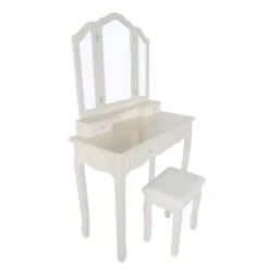 35 Inch 3 Piece Vanity Desk Set With Cushioned Stool And Elegant Trifold Mirror, 4 Drawers, Off White Solid Wood-Benzara 17 35 Inch 3 Piece Vanity Desk Set With Cushioned Stool And Elegant Trifold Mirror, 4 Drawers, Off White Solid Wood-Benzara -Home Furniture Shop e3e2ae3dcc3f499ea26100817d6a60d2