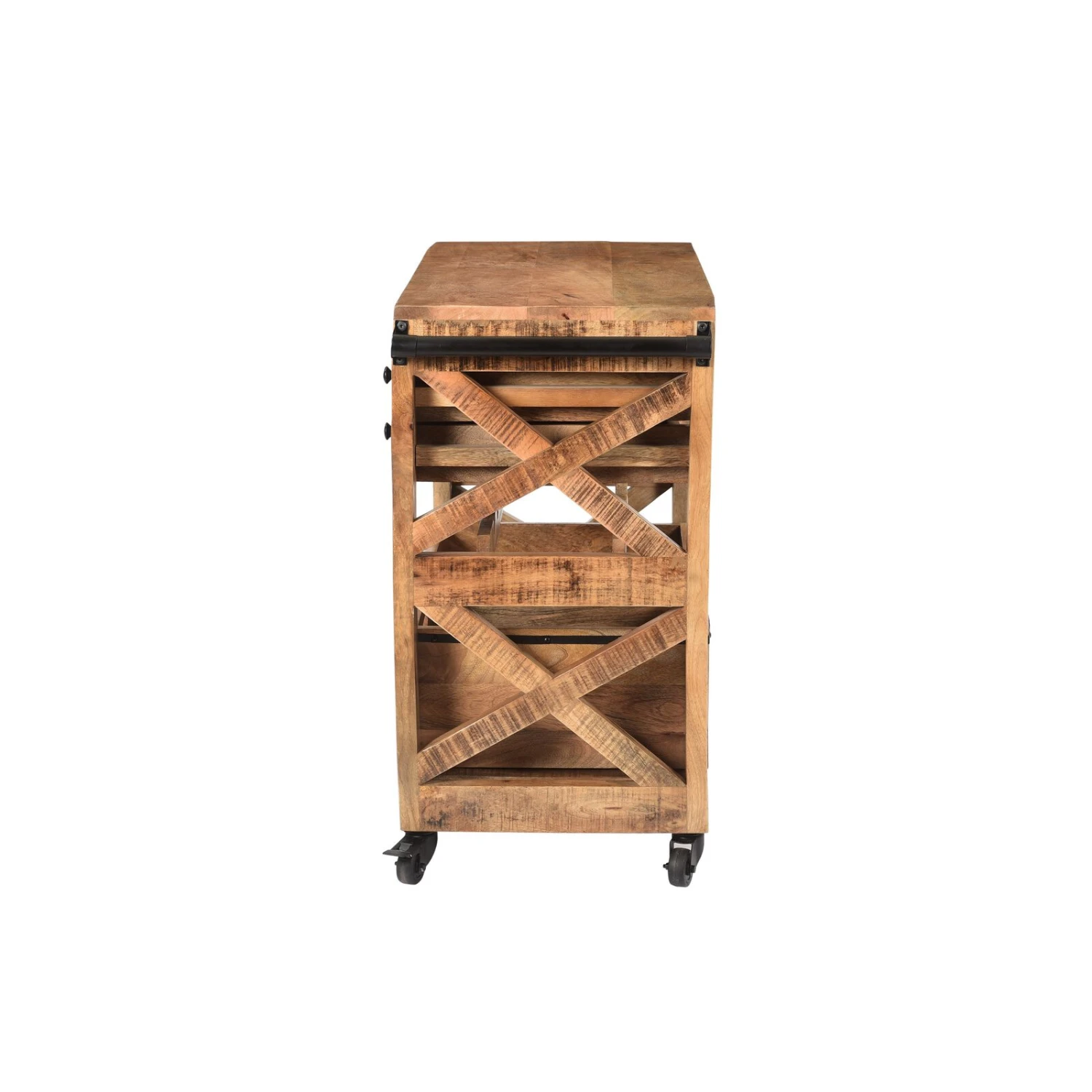31 Inch Handcrafted Rustic Mango Wood Bar Cart Trolly With 3 Drawers And 6 Wine Bottle Holders-Benzara 8 31 Inch Handcrafted Rustic Mango Wood Bar Cart Trolly With 3 Drawers And 6 Wine Bottle Holders-Benzara - Image 6